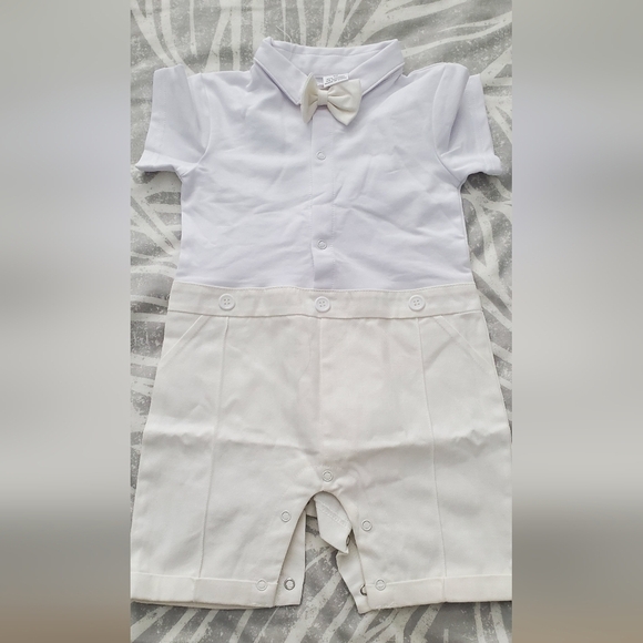 Baby Formal Baptismal or Wedding White Romper with Bow Tie with Suspenders - Picture 2 of 7